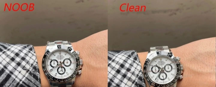 Wrist and dial comparison detail for Clean and Noob watches
