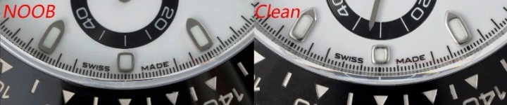 Bezel print and engraving comparison detail for Clean and Noob watches